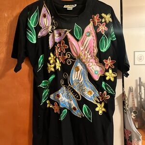 Vintage 1980s puffy paint shirt. Colorful Butterfly Black T-Shirt